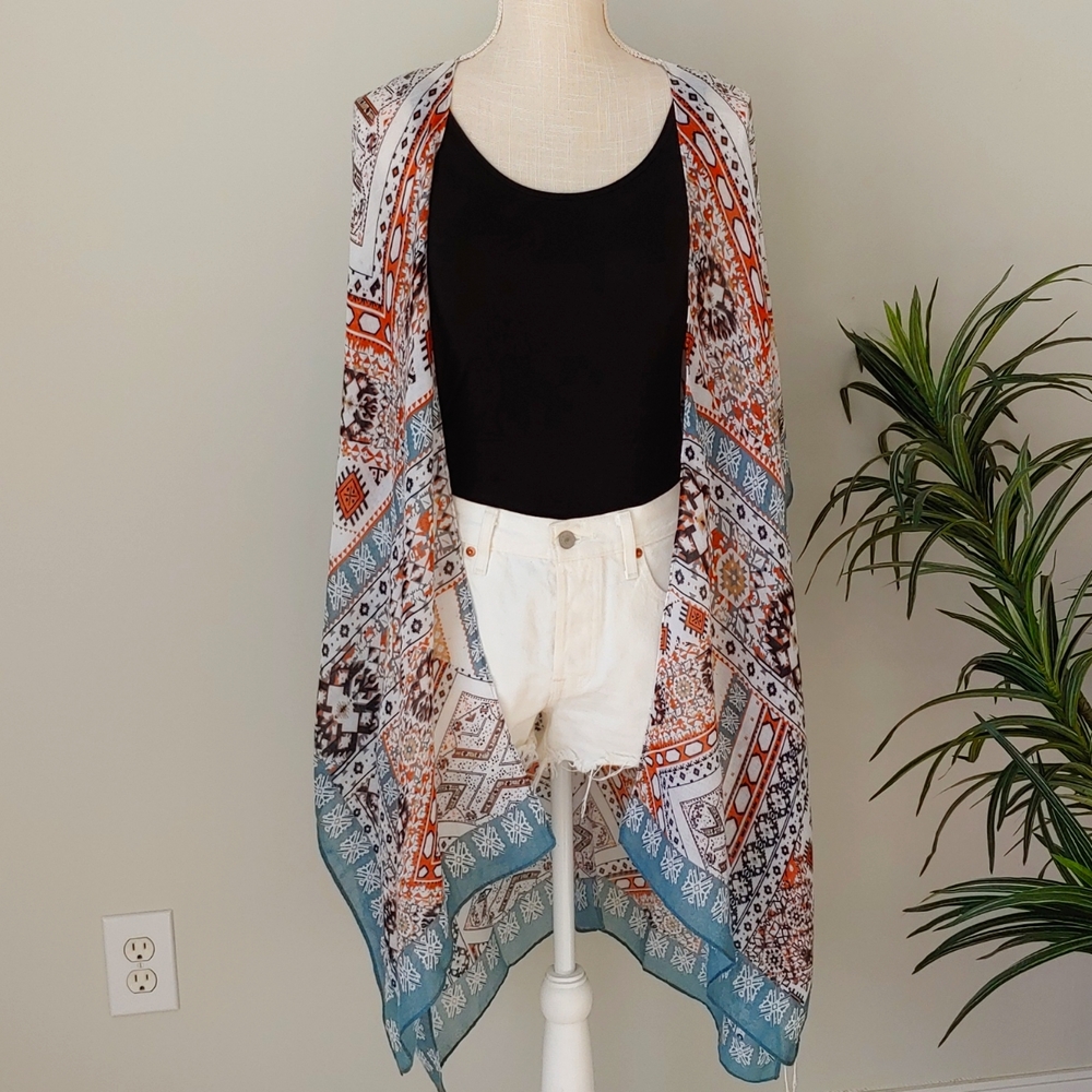 NWT Boho kimono, southwest pattern, teal/terra cotta, OS